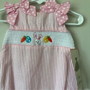 Rare Editions Striped Romper Easter Baby Embroidered Seersucker Smocked 6 Months